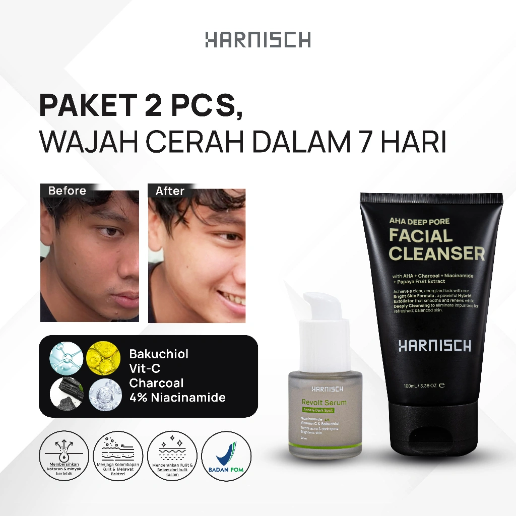 Harnisch Aha Deep Pore Facial Cleanser X Revolt Serum Serum Dark Spots dan Brightening Bekas Jerawat Mencerahkan sabun muka pria sabun jerawat face wash pria face wash jerawat sabun muka kulit berminyak