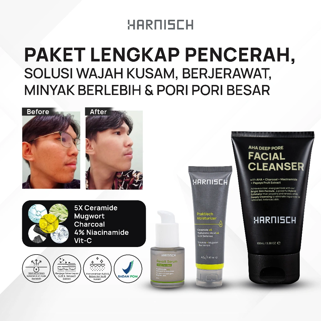 Harnisch Aha Deep Pore Facial Cleanser X Revolt Serum  X Praktisch Moisturizer 2in1 Pelembab Wajah Dengan Sunscreen  sabun muka pria sabun jerawat face wash pria face wash jerawat sabun muka kulit berminyak