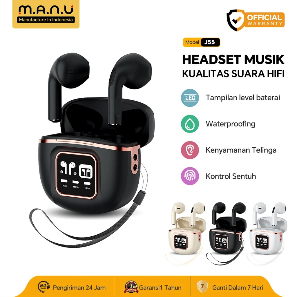 Manu J55 Earphone Bluetooth In-ear Earbud With Digital Display Gaming Headphone Kualitas Suara HD Audio Mini Headset Bluetooth 5.3/Sentuh Kontrol/Low Latency Gaming Sports Hetset