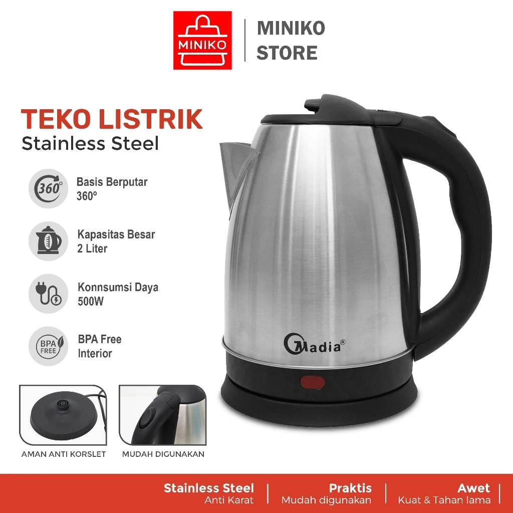 Teko Listrik Pemanas Air Electric Kettle 2L Otomatis BPA Free Stainless Steel Anti Karat