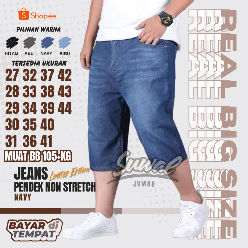 Celana Jeans Pendek Jumbo Pria Bahan Non Stretch Big Size 39-44