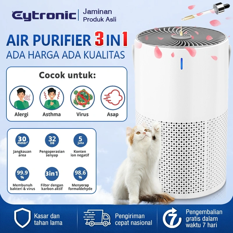 Air Purifier Aromatherapy 3 in 1 HEPA 13 Filter Pembersih Penyaring Udara Penjernih Ruangan Pelembap Udara Menghilangkan Smart Air Purifier 3-in-1: HEPA Filter + Aromatherapy Humidifier - Odor Eliminator with 3-Speed Modes, Digital Display