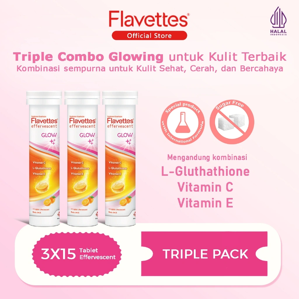 FLAVETTES Glow (15's x 3 tubes) Suplemen Minuman Kecantikan dengan L-Gluthathione, Vitamin C, Vitamin E, Membantu Melembapkan dan Mencerahkan Kulit