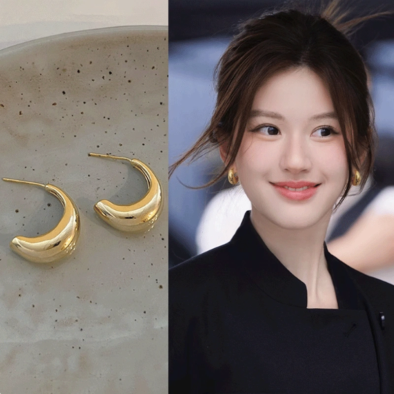 Anting jarum perak Korea desain kepala tumpukan ceruk berbentuk C dari logam gaya keren temperamen sederhana anting jilbab wanita 925 / anting jilbab
