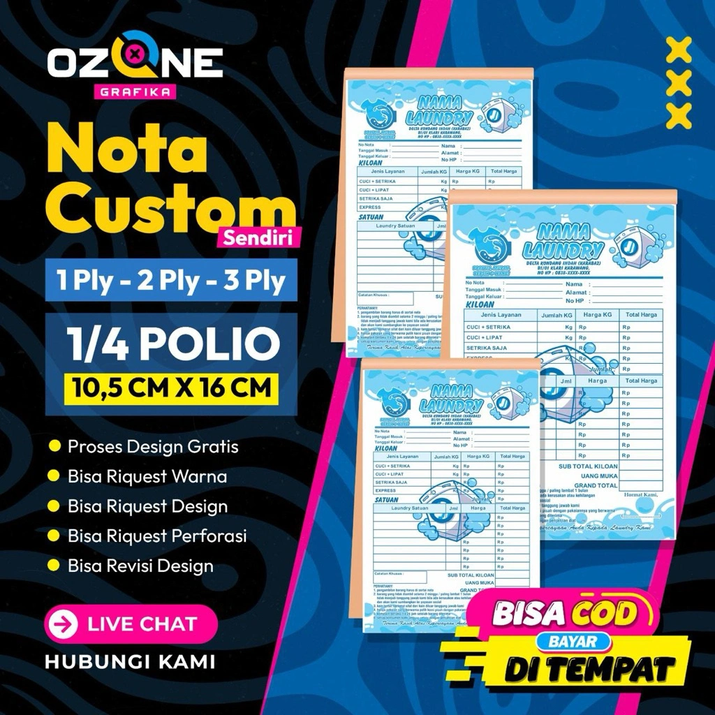 NOTA BON LAUNDRY CUSTOM BISA PILIH DESAIN DAN WARNA UKURAN 1/4 2 ply  FOLIO / NOTA LAUNDRY CUSTOM