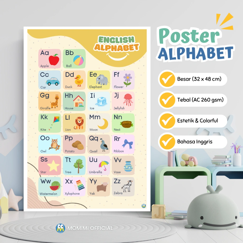 Poster ENGLISH ALPHABET Edukasi Belajar Huruf Abjad Alfabet untuk Anak Usia Dini PAUD, Toddler, TK