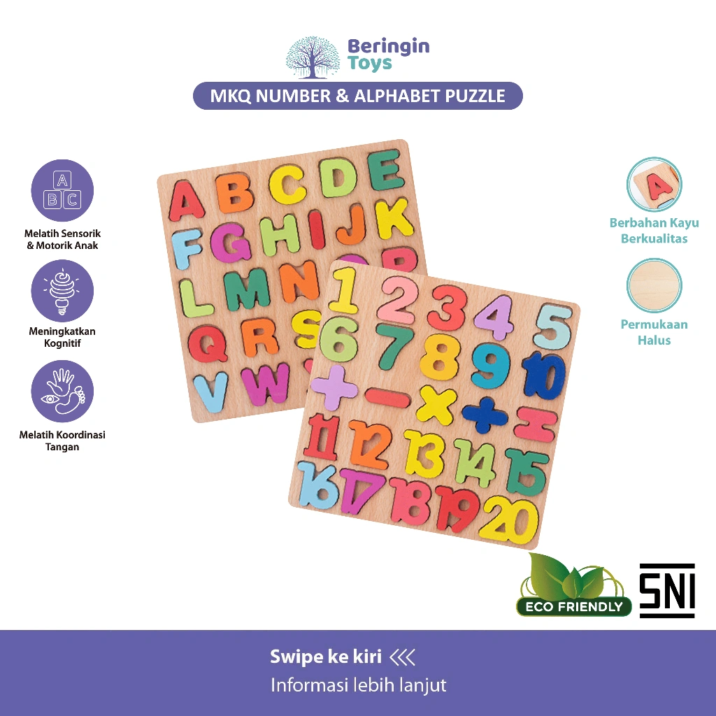Beringin Toys Mainan Edukasi Number & Alphabet Puzzle Mainan Belajar Anak Puzzle Kayu Angka dan Huruf Mainan Balok Alfabet / Mainan Anak