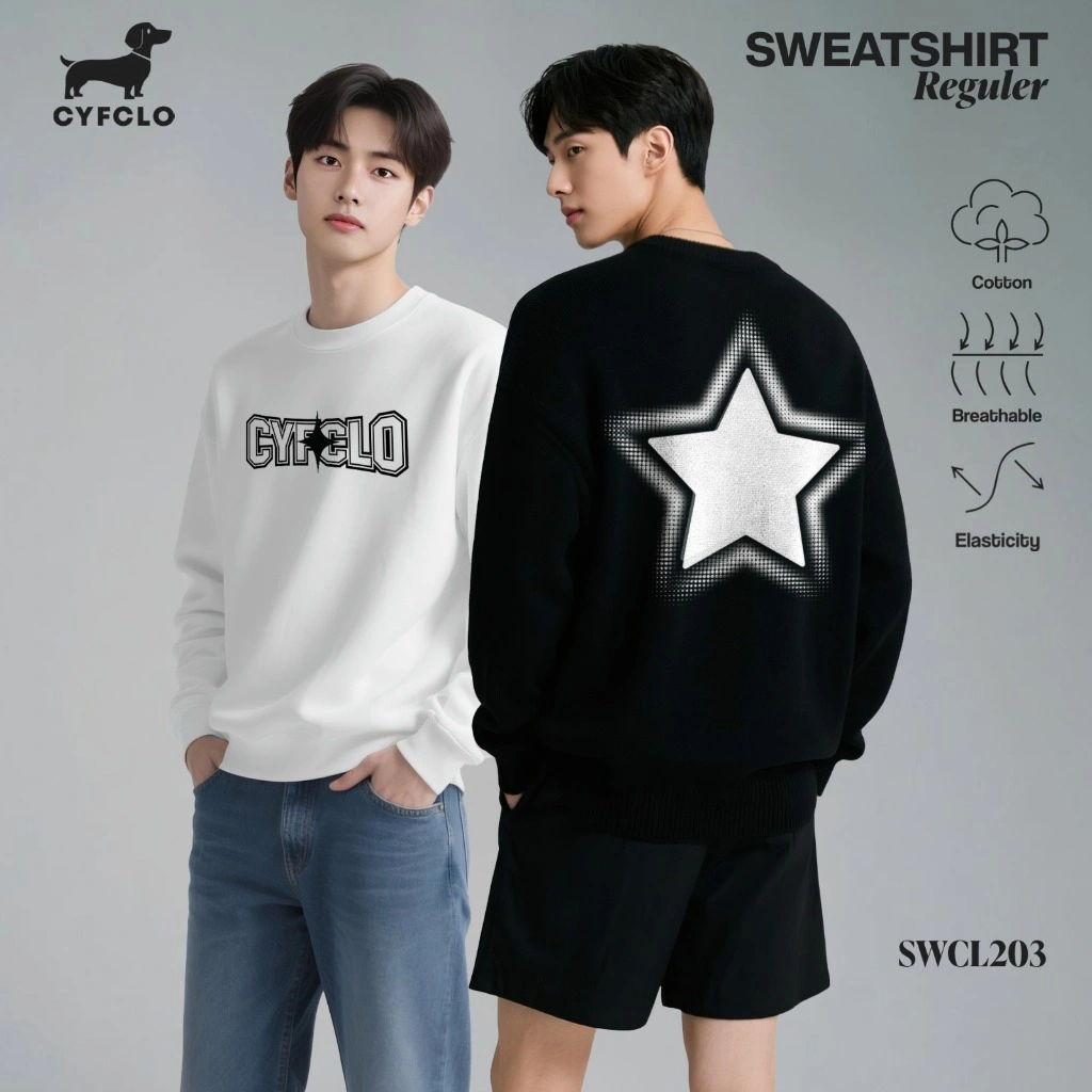 CYFCLO Sweater Crewneck Fleece Katun Tebal Menghangatkan, Lembut, Serap Keringat Unisex SWCL203-STAR