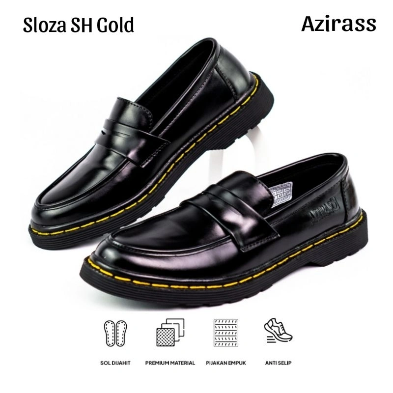 Azirass -Sloza SH Gold Sepatu Formal Slip-on Kulit Hitam Sepatu Loafers Pria Kerja Kantor Kondangan
