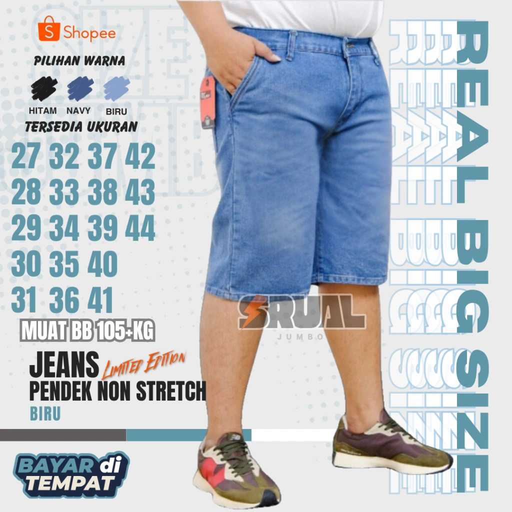 CELANA JEANS PENDEK JUMBO PRIA BAHAN DENIM NON STRETCH BIG SIZE 39-44