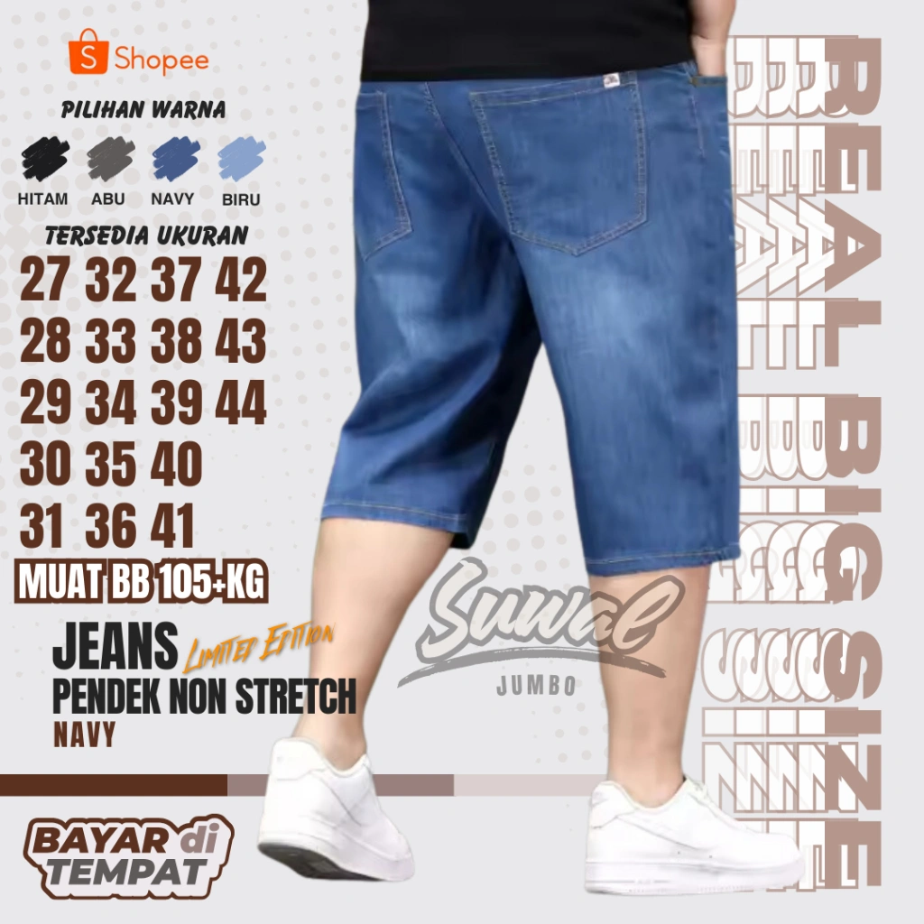 Celana Jeans Pendek Pria Jumbo Big Size 39 - 44 Bahan Non Stretch Tidak Melar Premium