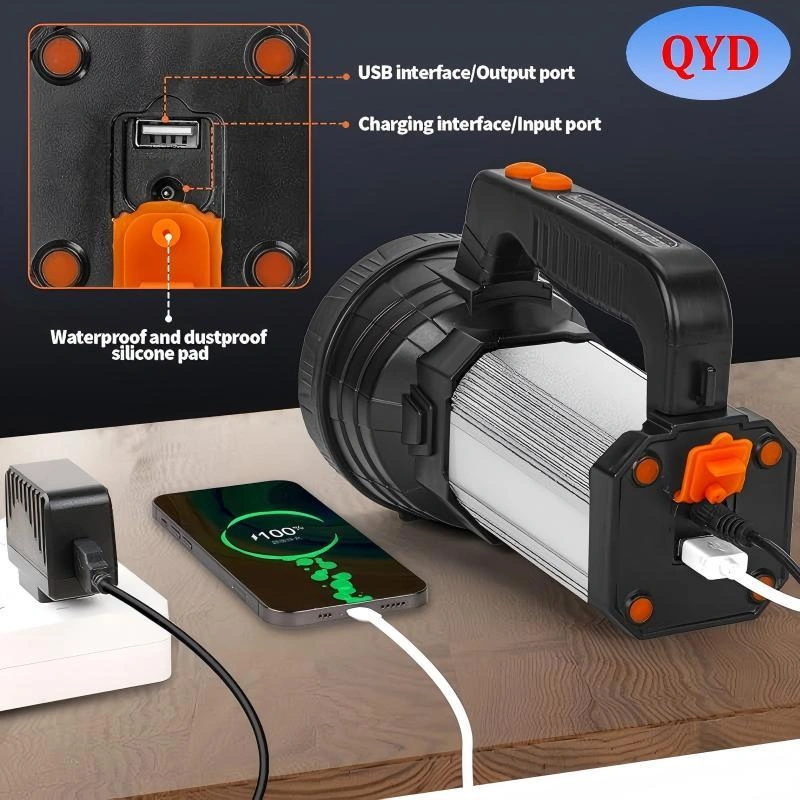 QYD Superbright Handheld LED Spotlight Flashlight Powerful Searchlight USB Rechargeable Lantern Waterproof Tactical Torch Portable 6 Light Modes Side Floodlight