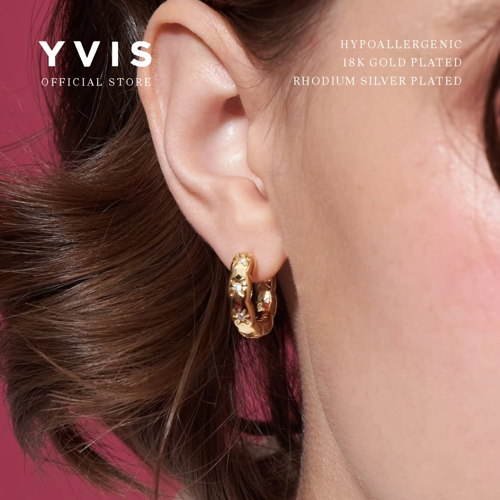 YVIS Cloudy Hoop Earrings | 18K Gold Plated Hypoallergenic - Anting Wanita - Rhodium Plated