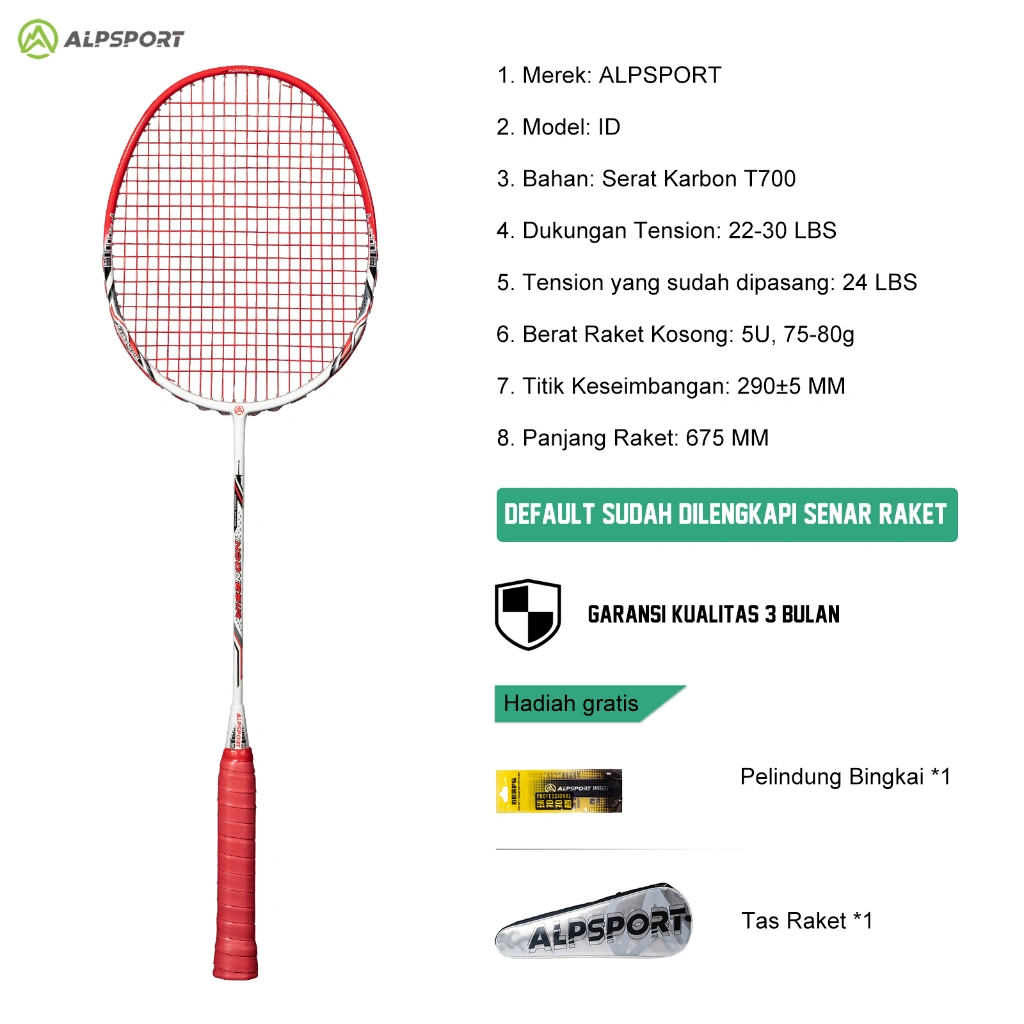 ALP Raket Peringatan ID 5U 77g Max 30LBS Badminton racket Serat Karbon Penuh 100% Ultralight Raket Bulutangkis Merah Senar Raket Profesional Cocok untuk Mahasiswa Remaja ALPSPORT ID Racket Impor Rsl Yonex Liling Victor