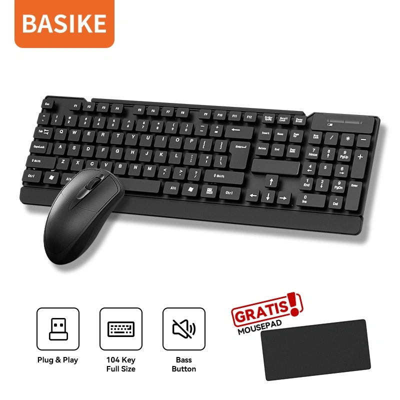 (HOT)BASIKE Keyboard Mouse Wireless Set 3pcs Portable Full Size Office Home Waterproof for PC Laptop