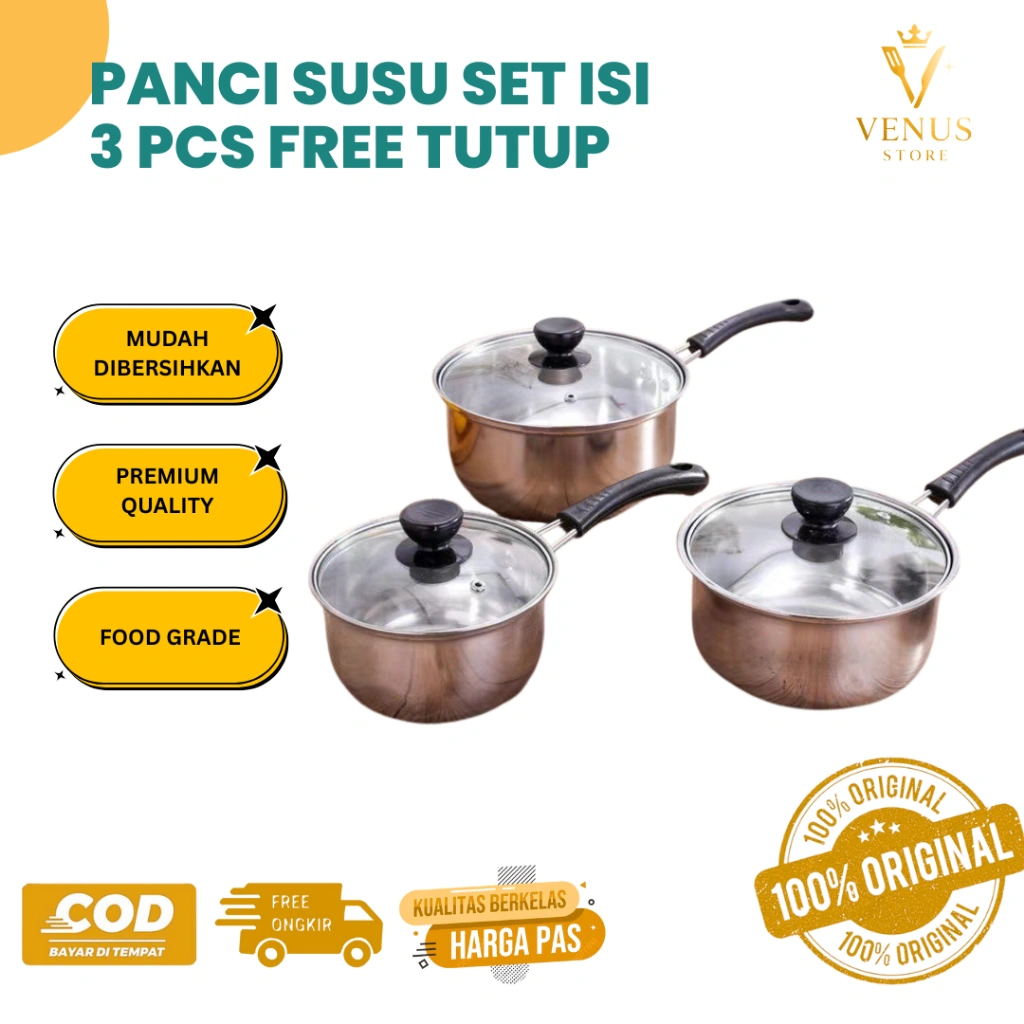King Balance Panci Susu Set 3 Pcs Stainless Steel Panci Mie Rebus Tutup Kaca Tebal