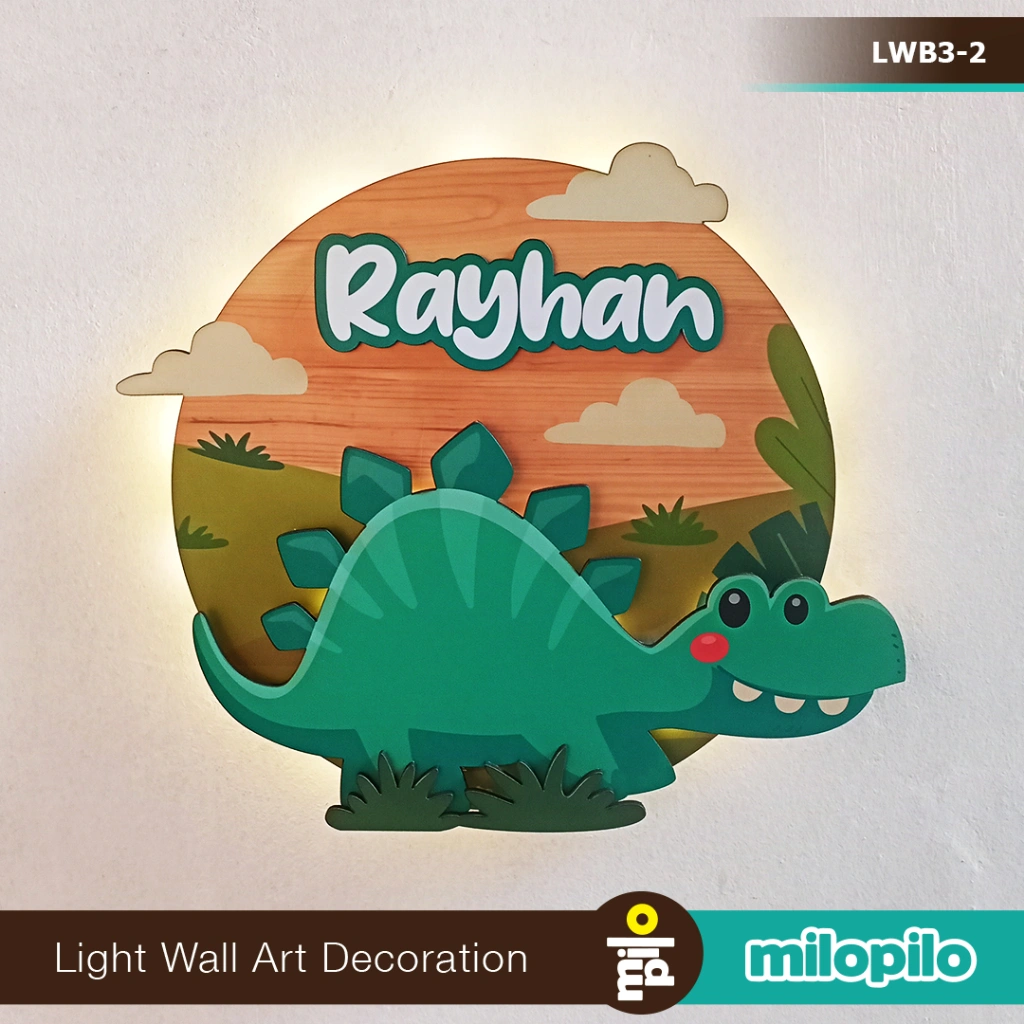 Dekorasi Lampu Kamar TIdur Anak Tema Dinosaurus Lucu, Bisa Custom Nama Milopilo