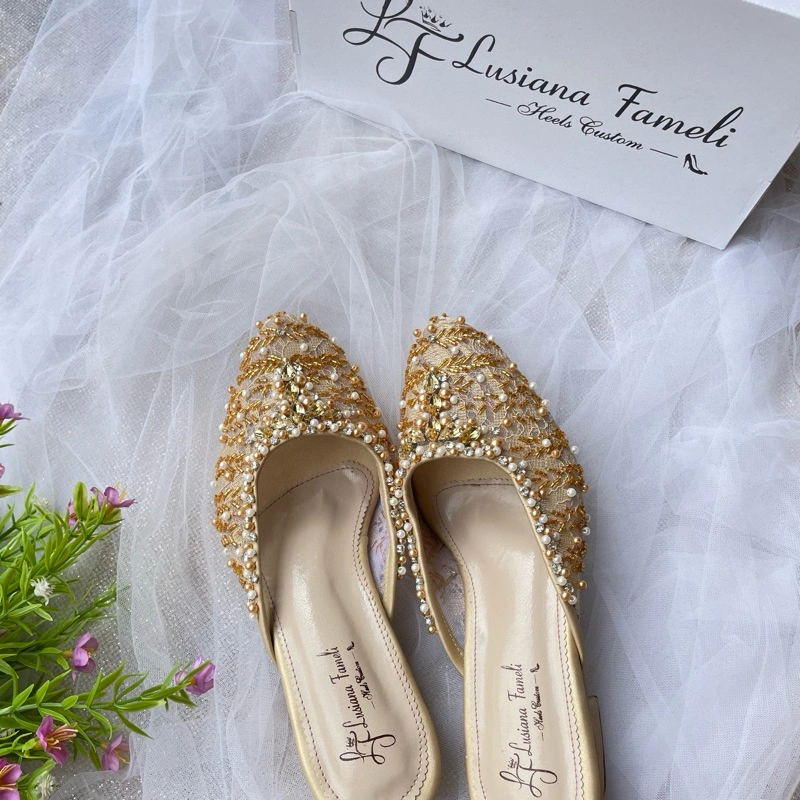 Hagin full payet I Lusiana fameli sepatu heels Payet bride shoes heels wedding bentuk U sepatu platform sepatu custom acara formal sepatu pengantin warna gold sepatu kondangan