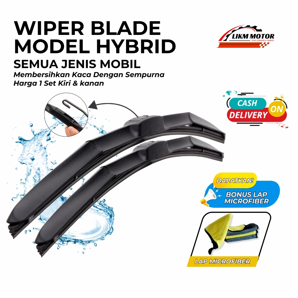 Wiper Mobil hybrid Blade Universal Bonus Lap Microfiber 1 Set Kiri dan Kanan Pembersih Kaca Depan