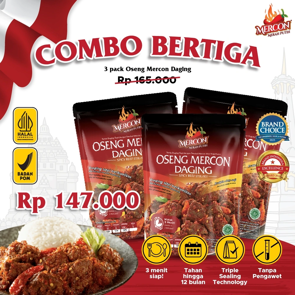Combo Bertiga 3 Pack Oseng Mercon Daging / Makanan Kaleng Siap Saji / Iga Mercon / Sambel Iga Food Instan Pedas