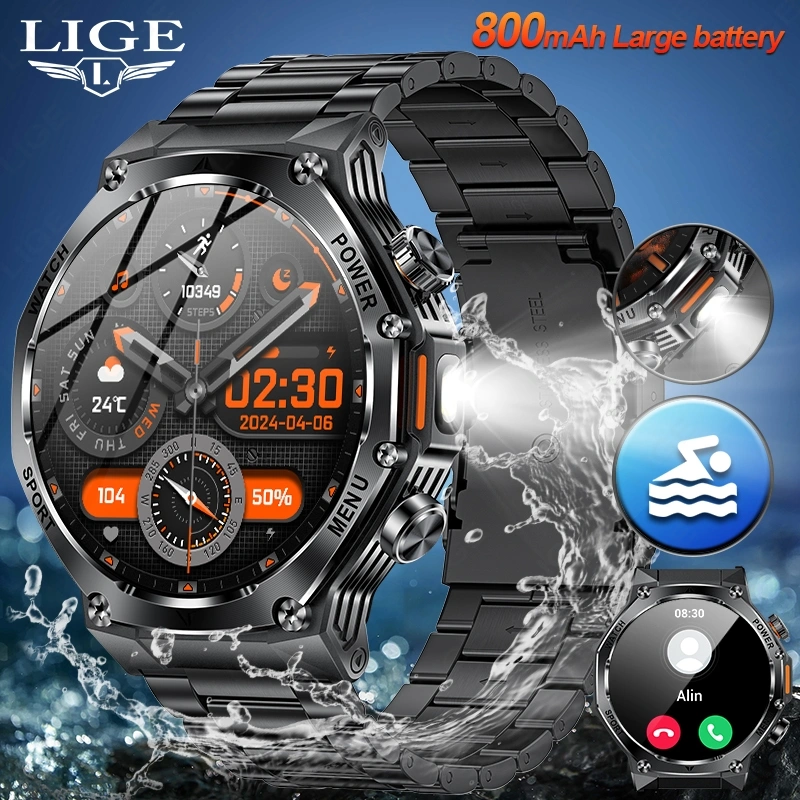 LIGE Jam Tangan Pintar 1,8" Baru Pria Tahan Air Olahraga Luar Ruangan Pemantauan Kesehatan Senter Baterai 800mAh Jam Tangan Pintar untuk Android IOS