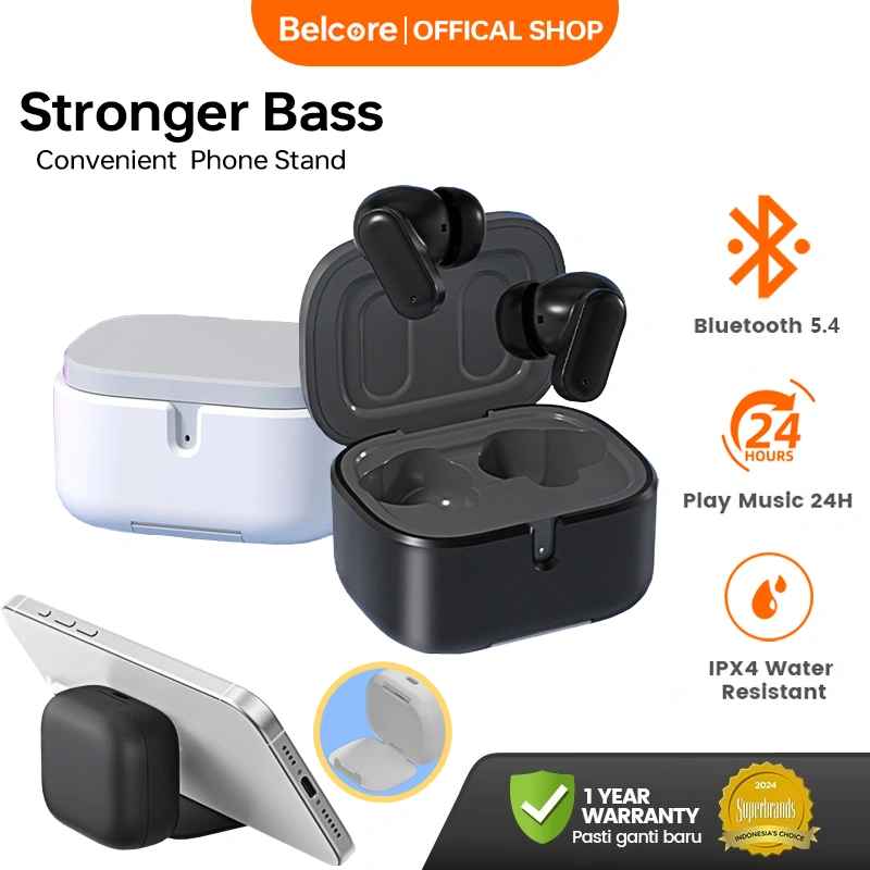 (New launch)Belcore True Wireless Earbuds Clear Calls powerful bass Earphone Bluetooth Gaming Earphone Ultra HD Audio Convenient Phone Stand earhone