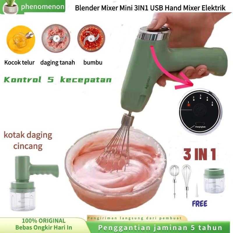 (COD/Gratis Ongkir) Asli asli Model Baru 2026 Model terbaru 2026 Blender Mixer Mini 3IN1 USB Hand Mixer Elektrik Mikser Pengaduk Adonan Telur Chopper Pengocok Telur Elektrik Wireless