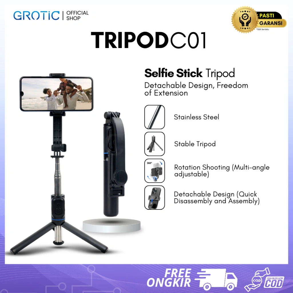 GROTIC Tripod Handphone Remote Bluetooth Dengan Lampu Klip Telepon Dapat Dilepas Tongsis HP C01
