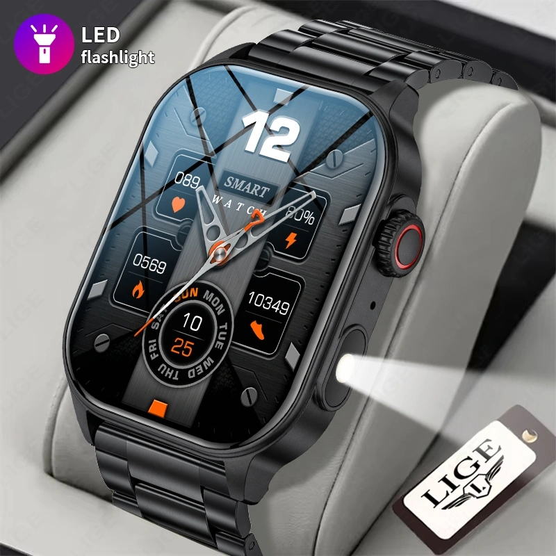 LIGE Jam Tangan Pintar Baru Senter LED Jam Tangan Olahraga Militer Layar 2,01'' Monitor Kesehatan Panggilan Bluetooth Jam Tangan Pintar Tahan Air Pria