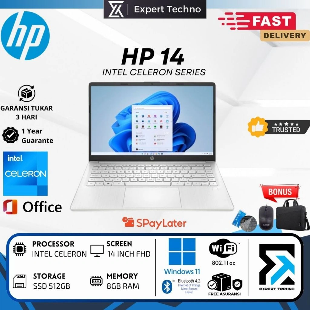 LAPTOP HP 14 INTEL CELERON - 8GB RAM - 512GB SSD - 14 INCH - WIN10 - 4GB - 500GB HDD