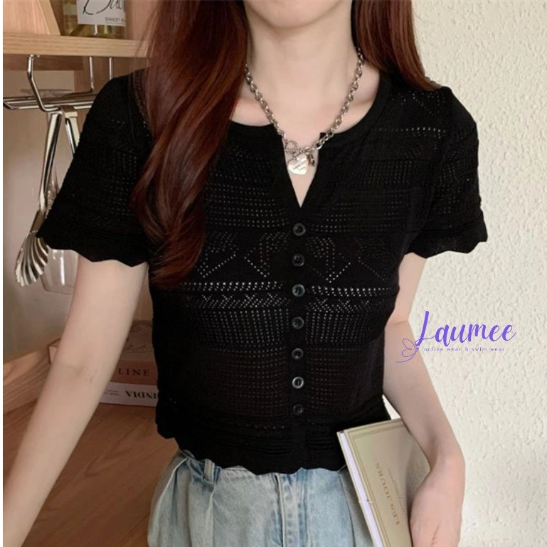 LAUMEE Ice Silk Knitted Cardigan Women's Hollow V-neck Slim Fit Short Sleeve Cropped T-shirt Top - B2