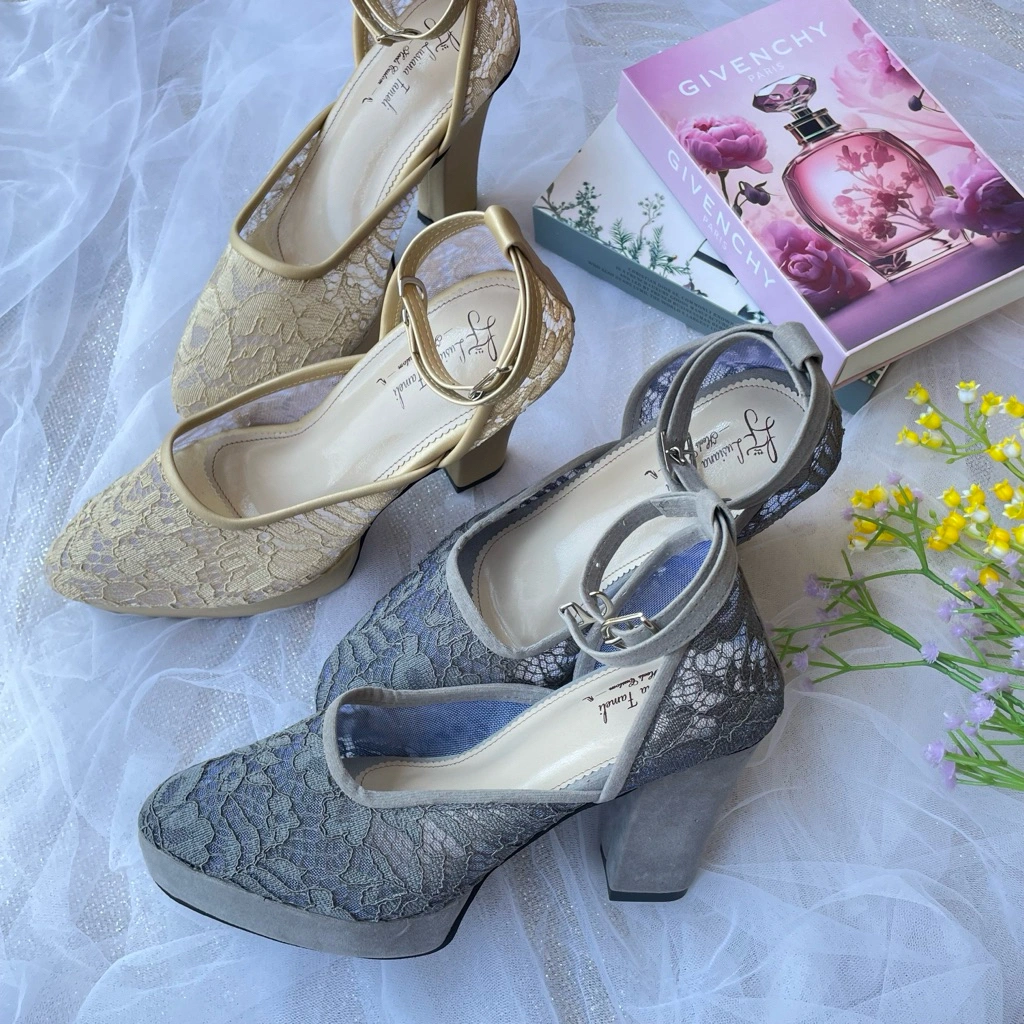 Lusiana Fameli | Sepatu pesta wisuda heels kondangan tali bentuk U transparan sepatu custom bride shoes heels wedding sepatu polos  platform warna gold dan abu gelap