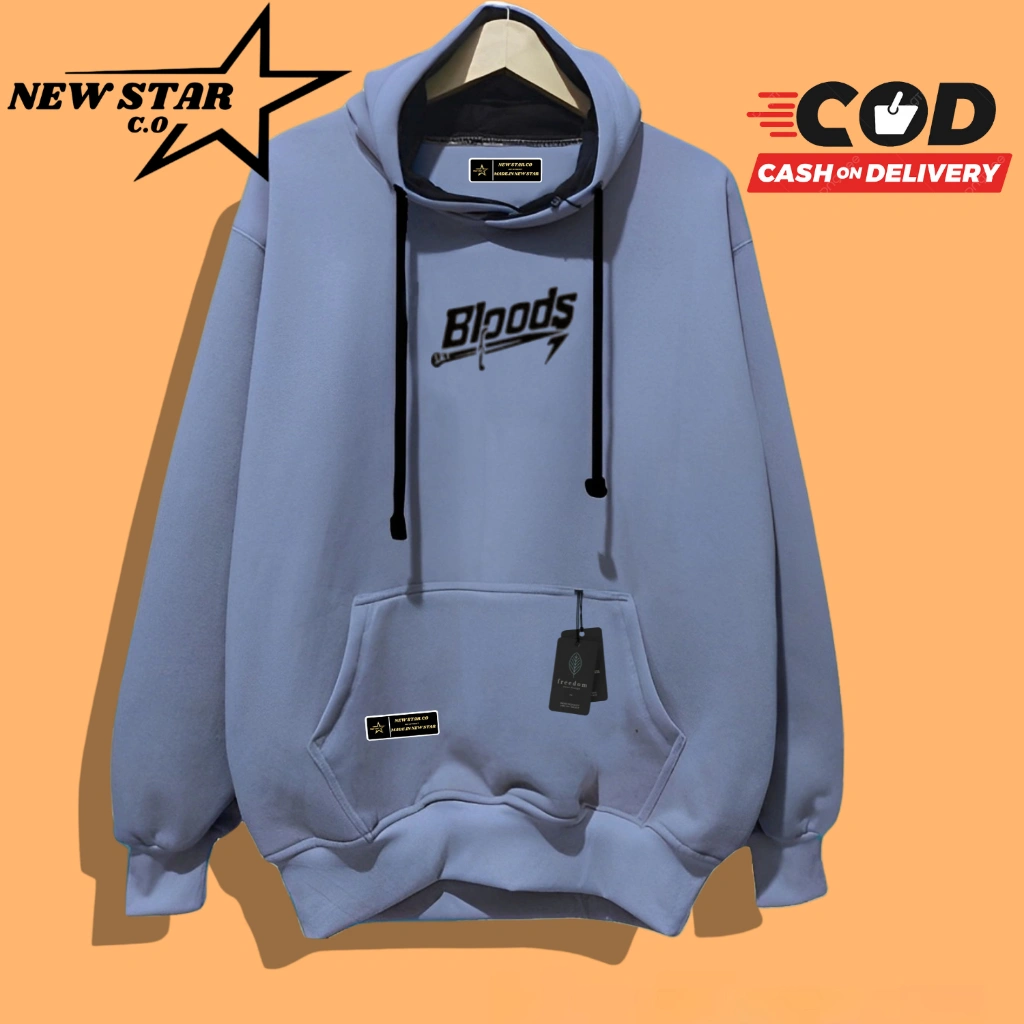 Sweater Hoodie Pria Wanita Distro Original Warna Abu Paralon Motif Bloods Terbaru 2025 Bahan Flecee Tebal Gramasi 280 Switer Hudi Cowok Cewek Brand New Star Co Top Lokal Ukuran M-XXL
