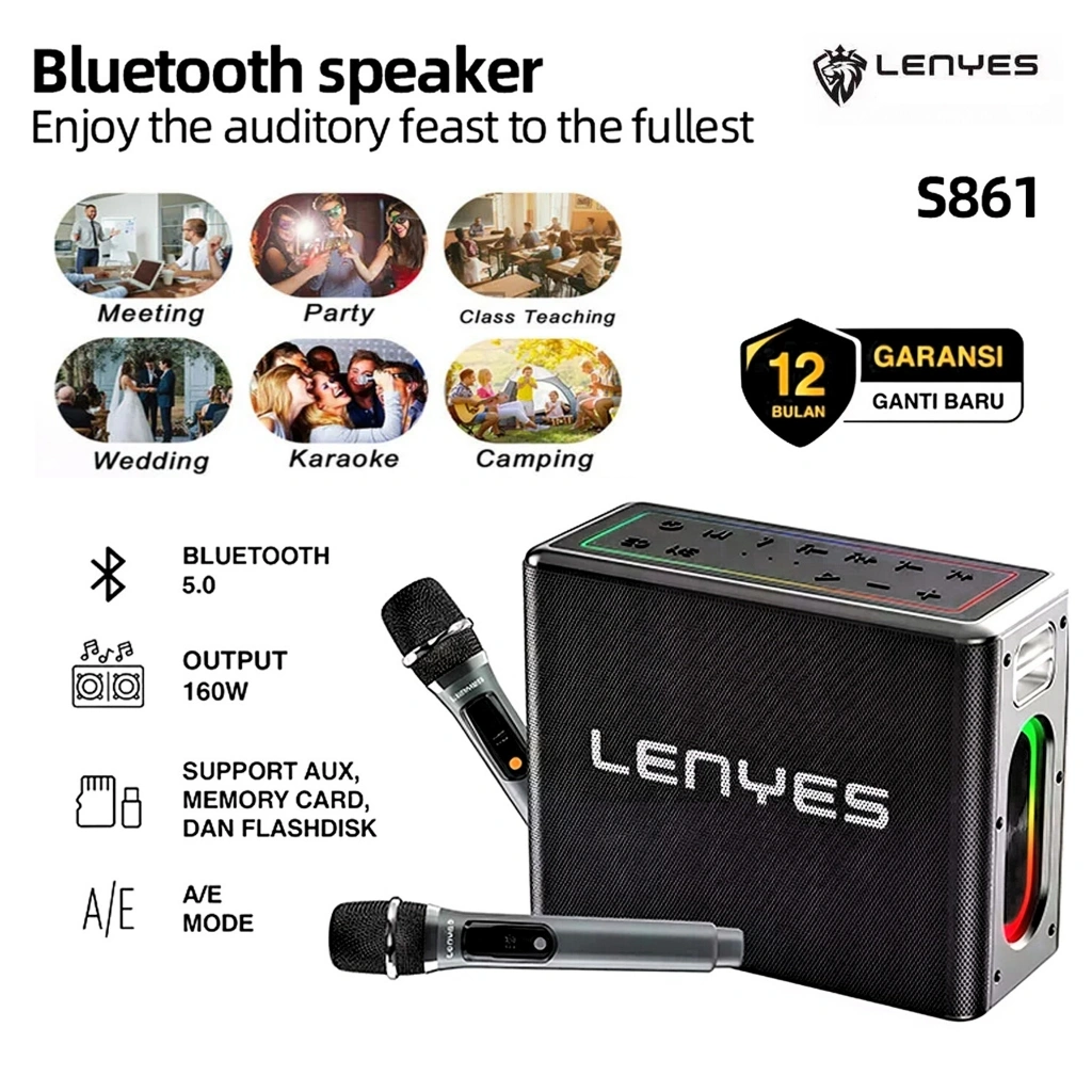 LENYES S861 150W KTV RGB LED Light Wireless Speaker + Microphone Karaoke Bluetooth 5.0 Portable High Power
