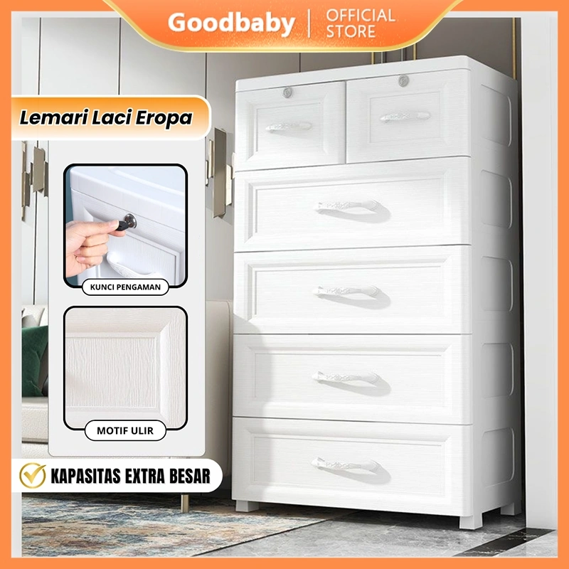 Goodbaby | Lemari Plastik Laci Dengan Handle - Lemari Putih Eropa Motif Ulir - Lemari pakaian plastik premium Lemari Pakaian Anak Lemari Laci