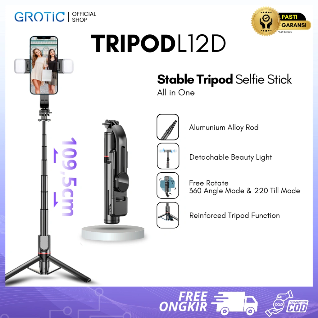 GROTIC Tripod Handphone Tongsis Monopod Portable 108cm With Remote Bluetooth And Fill Light L12d
