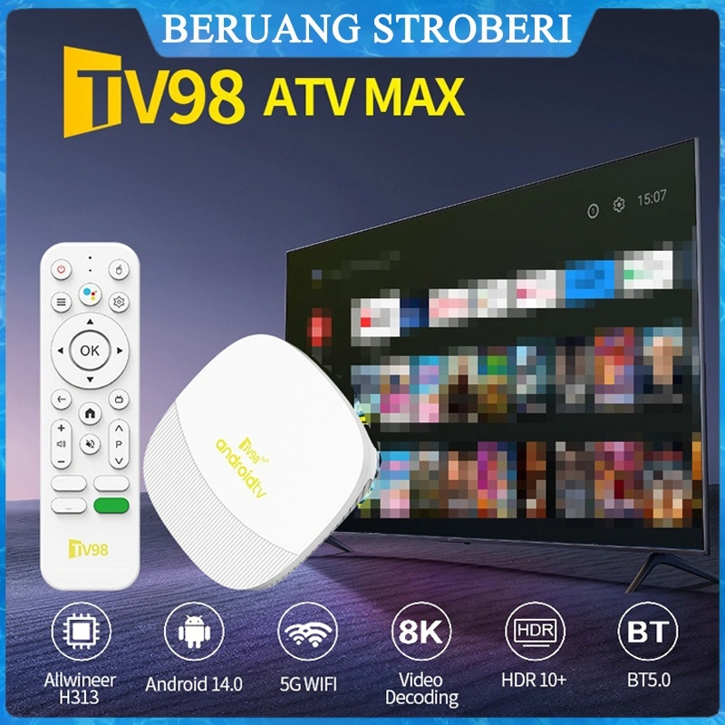 TV98 ATV MAX Android TV Box Allwinner H313 - OS Android 14 Terbaru, Dukungan 8K & 4K, Remote Bluetooth Kontrol Suara, Set Top Box Cepat untuk Smart TV