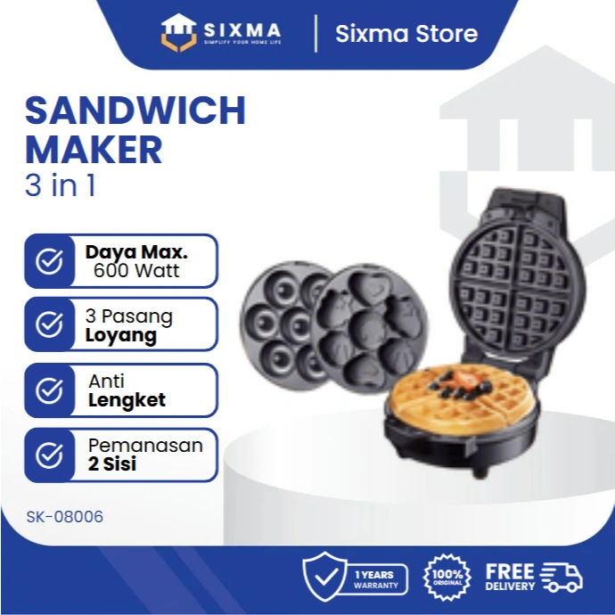 Snack Maker 3 in 1 Alat Pemanggang Cetakan Roti Waffle Donat Low Watt FREE BUKU RESEP Sixma SK-08006