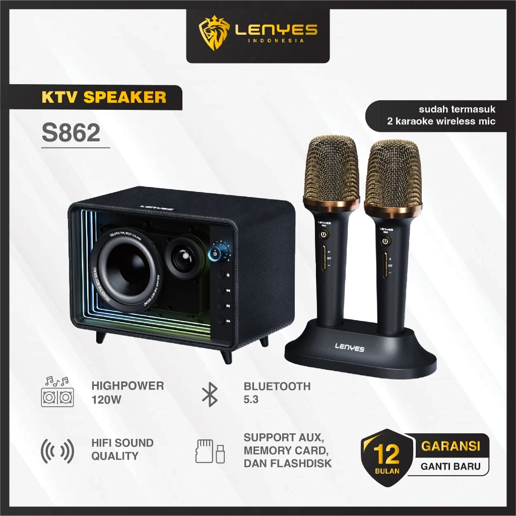 LENYES S862 120W Outdoor KTV Wireless Speaker + Microphone Karaoke Bluetooth 5.3 Bass Boost Abyss Mirror RGB Light
