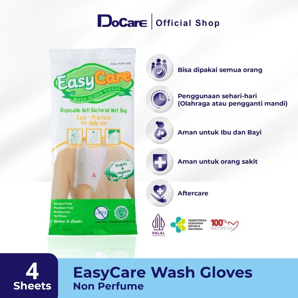 EasyCare Wash Gloves 4 Sheets Non Perfume / Washlap Non Alcohol / Tissue Basah Antiseptik & Bakteri / Tissue Mandi Sekali pakai