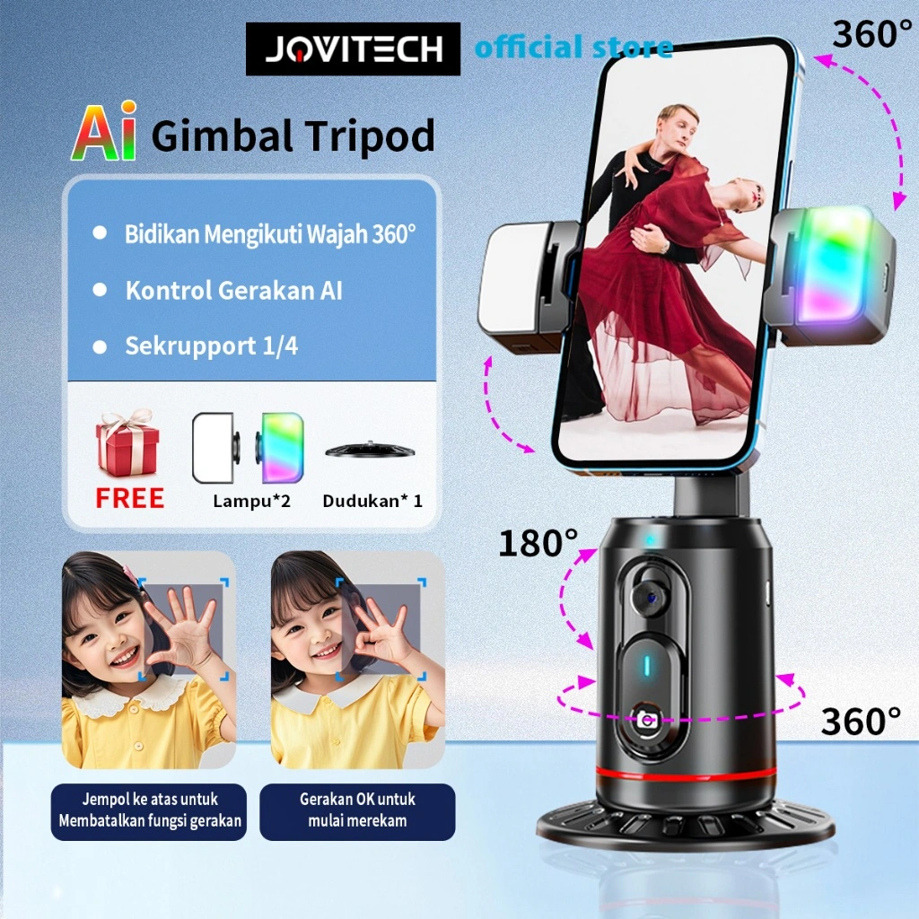 Jovitech Auto AI Face Tracking Gimbal Handphone Tripod Bluetooth Multifungsi Stabilizer 360° Selfie Stick With Lampu LED - GS05