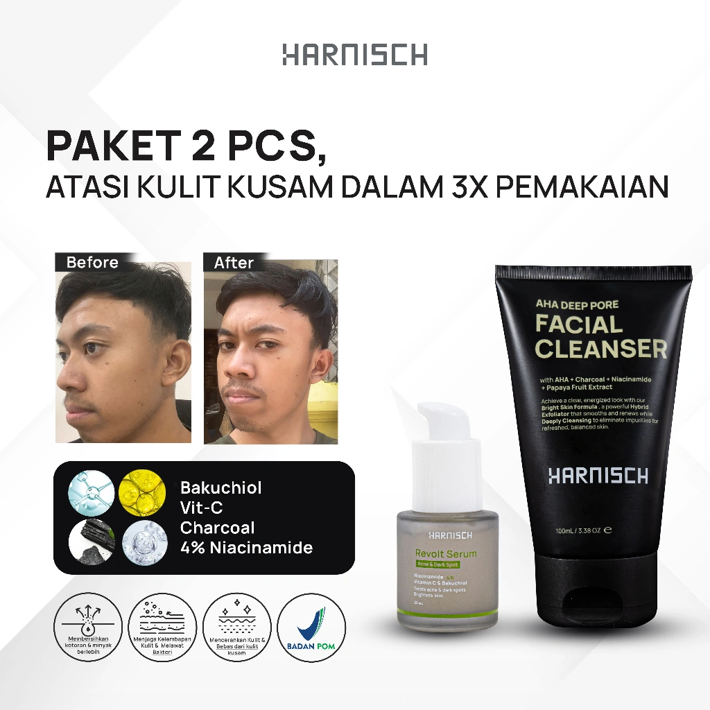 Harnisch Aha Deep Pore Facial Cleanser X Revolt Serum Serum Dark Spots dan Brightening Bekas Jerawat Mencerahkan sabun muka pria sabun jerawat face wash pria face wash jerawat sabun muka kulit berminyak