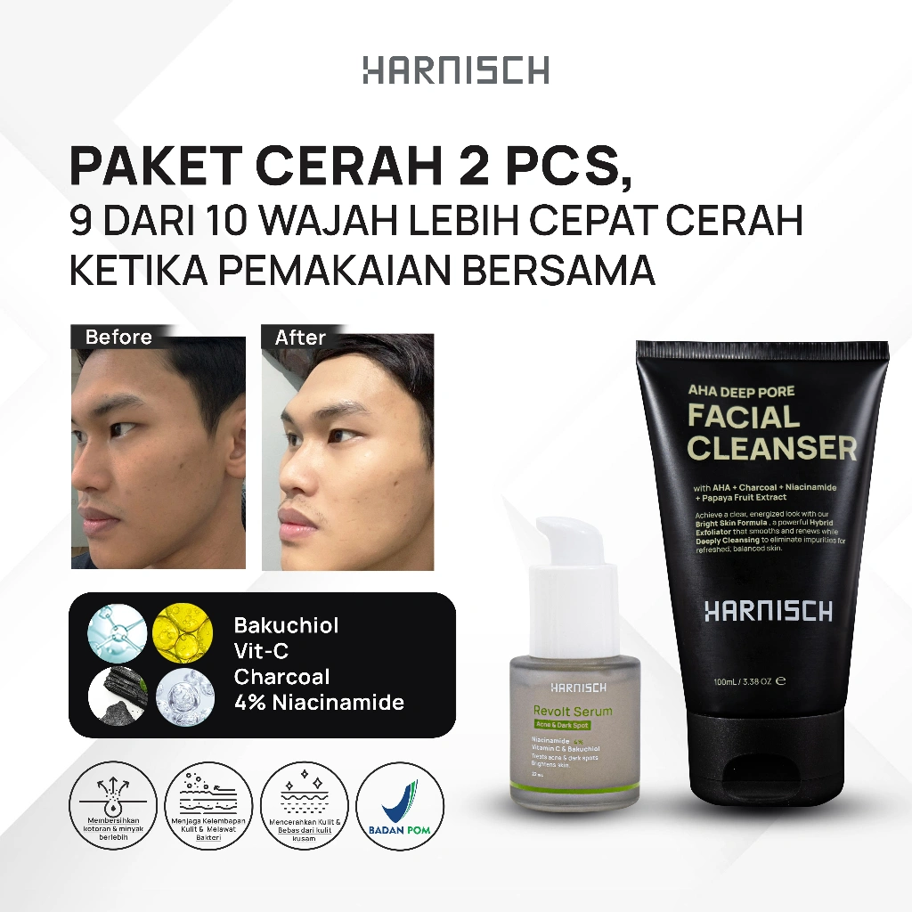 Harnisch Aha Deep Pore Facial Cleanser X Revolt Serum Serum Dark Spots dan Brightening Bekas Jerawat Mencerahkan sabun muka pria sabun jerawat face wash pria face wash jerawat sabun muka kulit berminyak