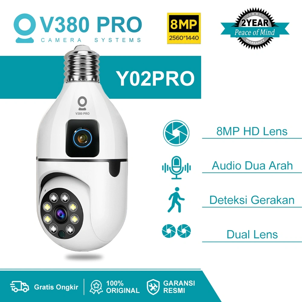 V380 PRO Y02pro 8MP Smart Bulb Camera 2-in-1 Dual Lens Indoor CCTV WIFI Deteksi Gerakan & Bebas False Alarm