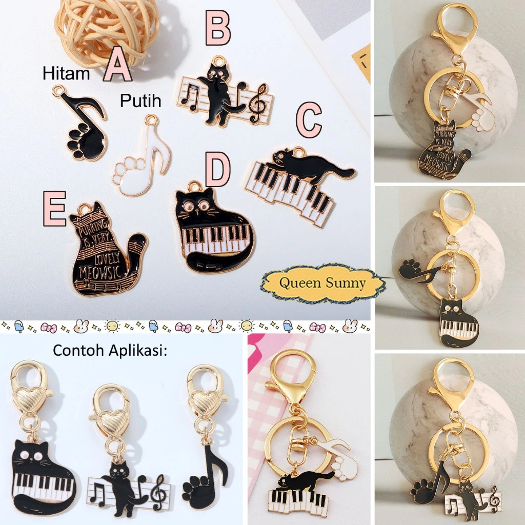 1pc Charm Enamel Musik Kucing Lucu & Not Balok Melodi Kunci G Liontin Bandul Korea Pendant Cat Melody & Music Aksesoris Gantungan Kunci Manik Craft DIY