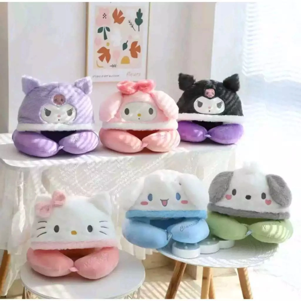 Bantal Leher Hoodie Karakter Lucu Sanrio Hello Kitty U-shaped Pillow Anime My Melody Topi