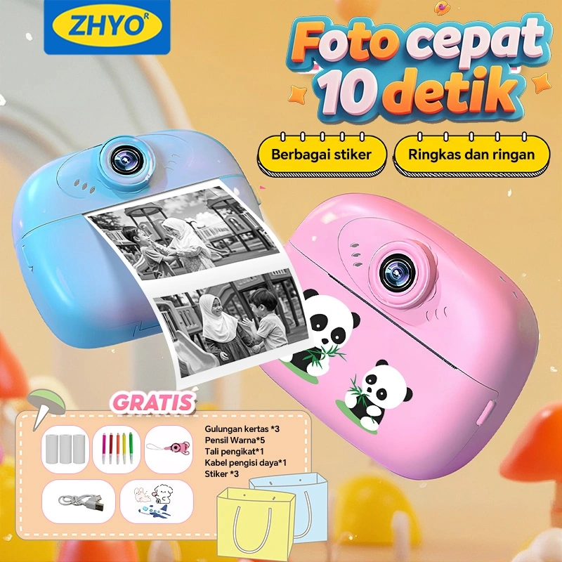 ZHYO Kamera Anak 4K HD Cetak Instan Dual Kamera Rekam Video 1080P + Filter Lucu Game Edukasi Mainan Hadiah Ulang Tahun 3-15 Tahun