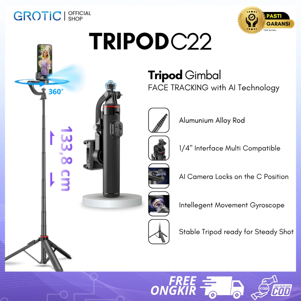 GROTIC Tripod Gimbal Stabilizer C22 With AI Face Tracking Phone Selfie Remote Control 130cm