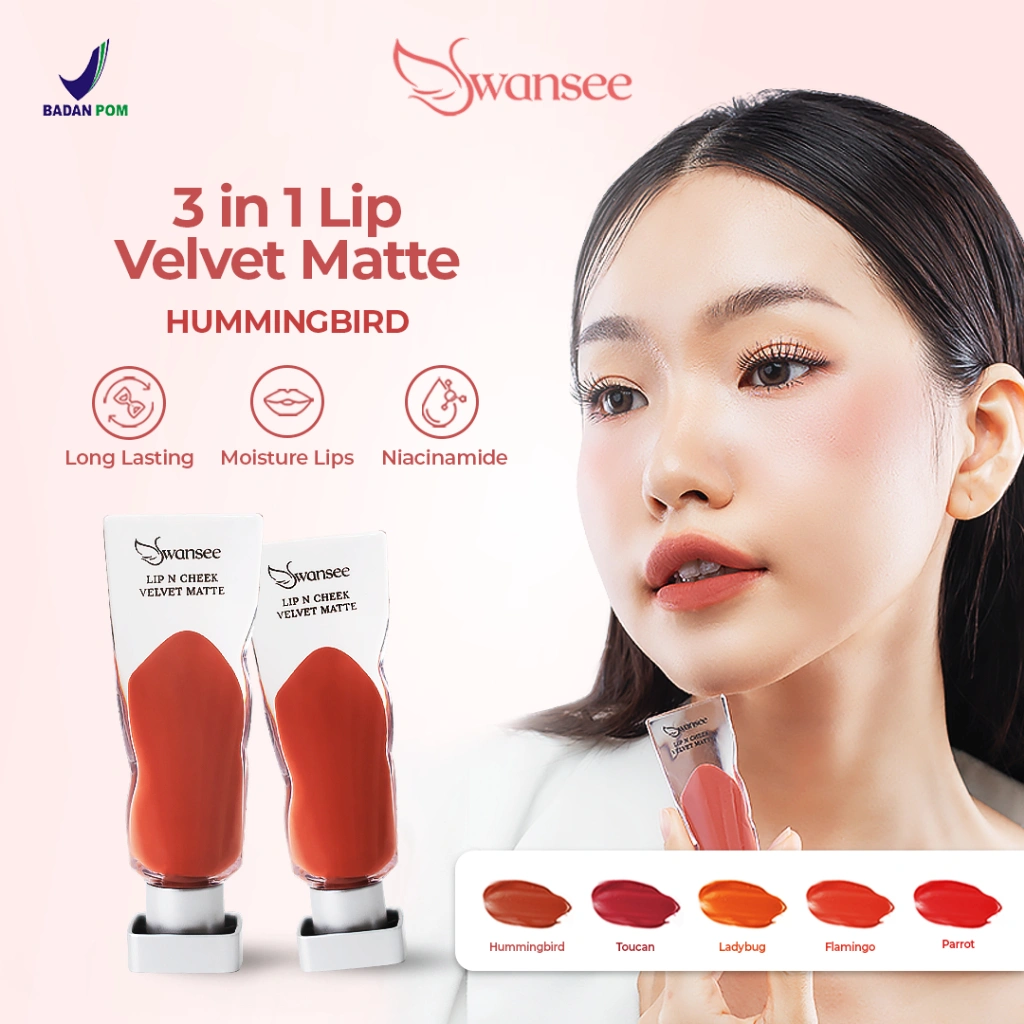 Swansee 3in1 Lip Velvet Matte Hummingbird: Lipstik, Blush & Shadow Checkmatte, Tahan Lama & No Crack