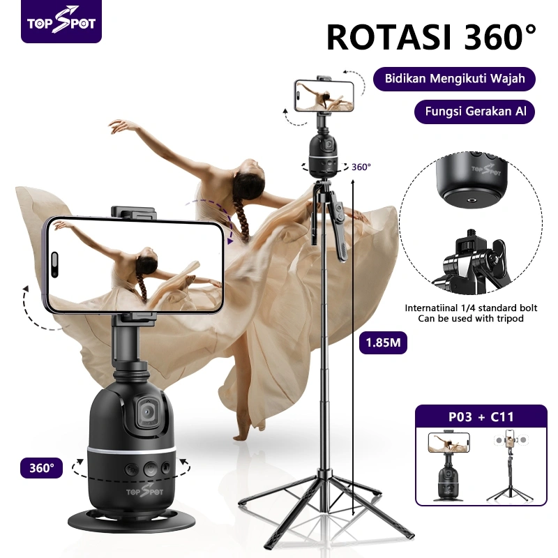 Topspot P03 Auto Face Tracking Tongsis Tripod Selfie Stick 185CM Handphone Gimbal Stabilizer Tripod 360 °Pemotretan rotasi Stand 4-leg Tongsis dengan LED LAMPU control bluetooth 7 tombol